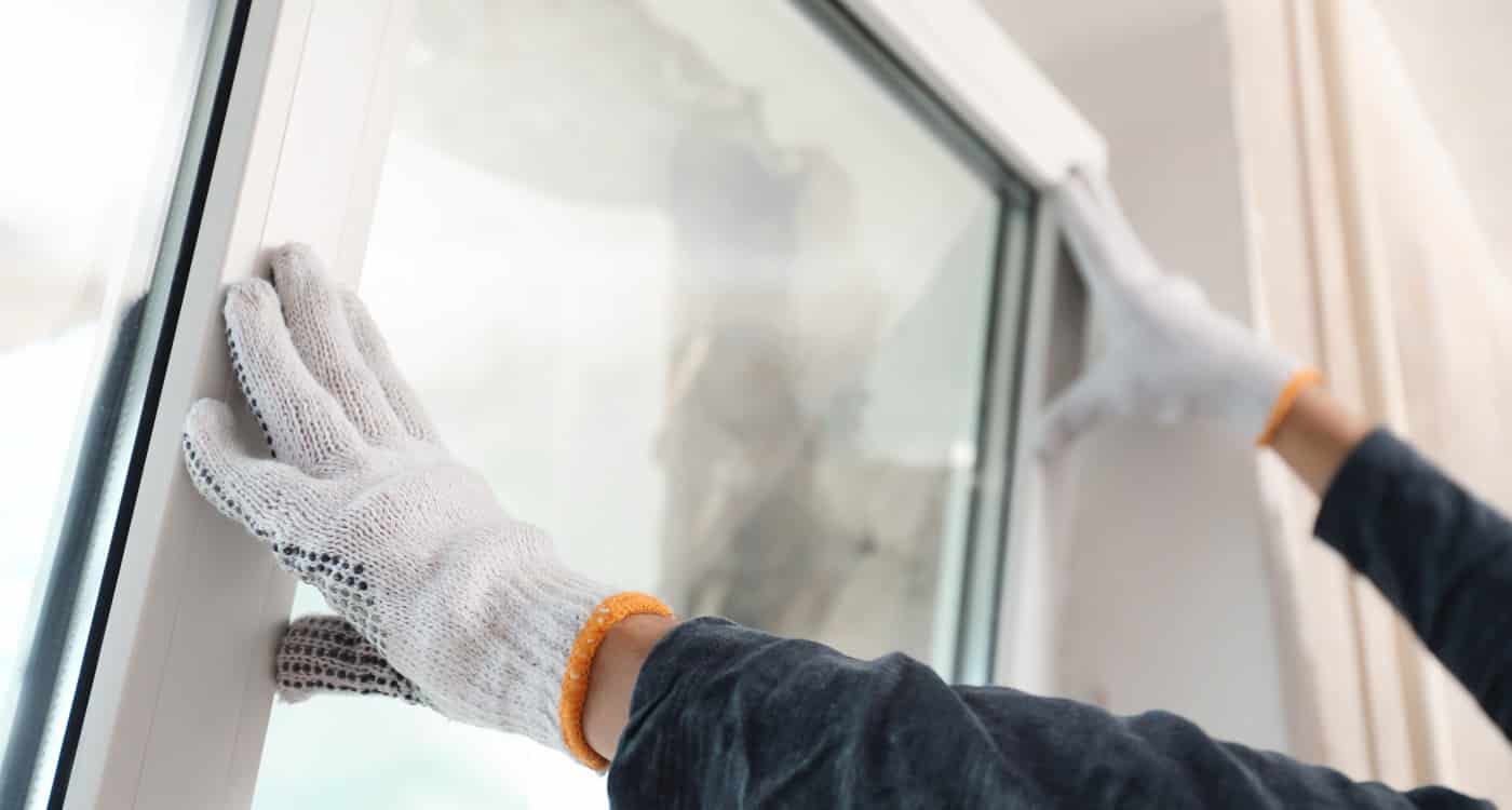 Monteur einer Firma für Fenstermontage setzt ein neues Fenster mit spezieller Verglasung und Technik ein